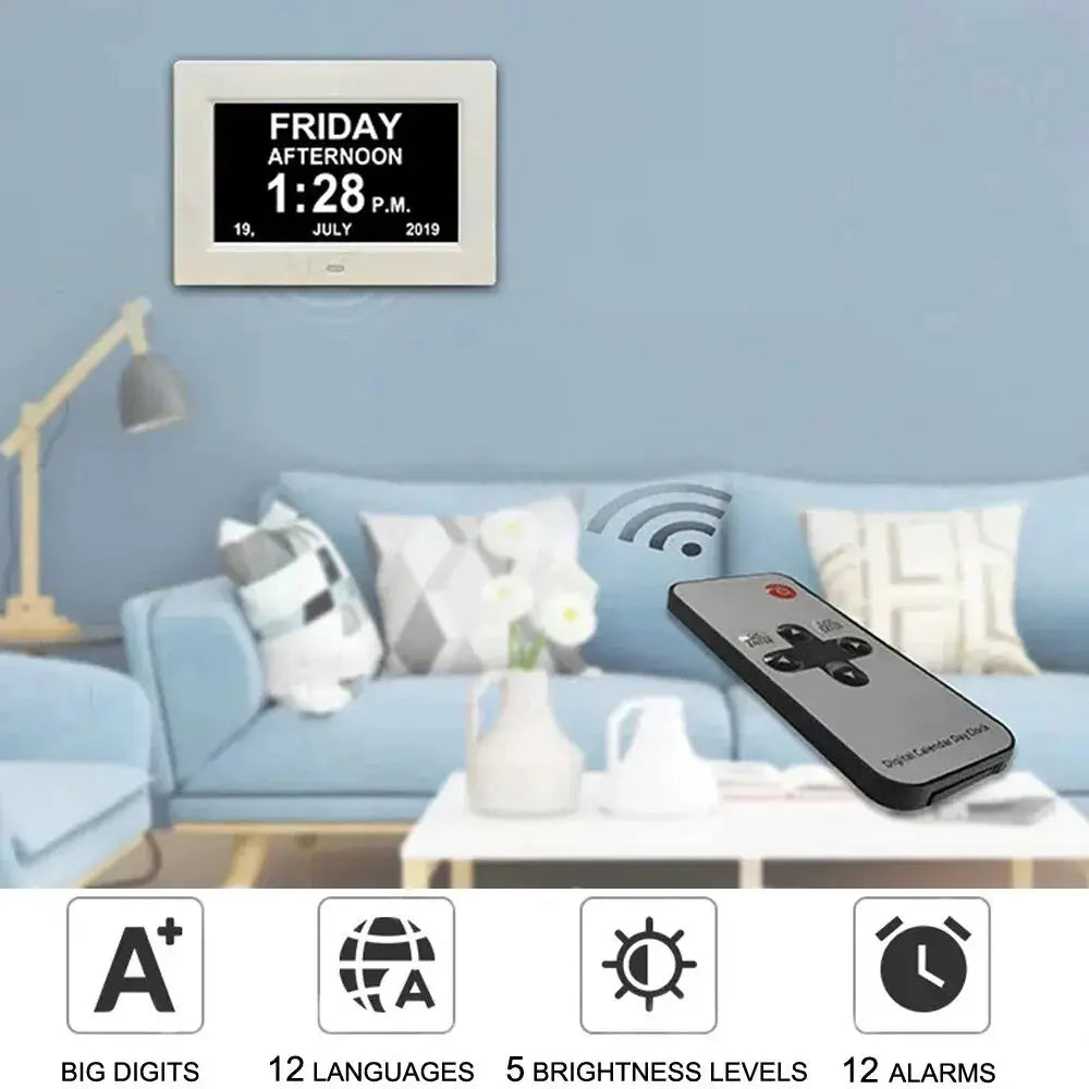 12 Alarms LED Calendar Clock by Simples Market with 12 languages and medicine reminder; includes remote