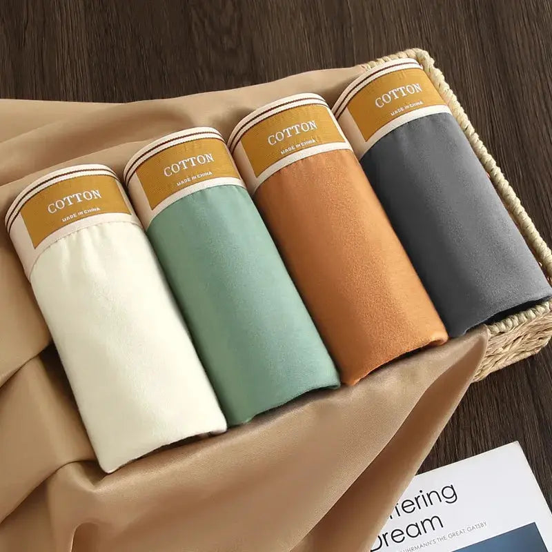 4-pack men's cotton boxer shorts in white, sage green, camel, and charcoal gray