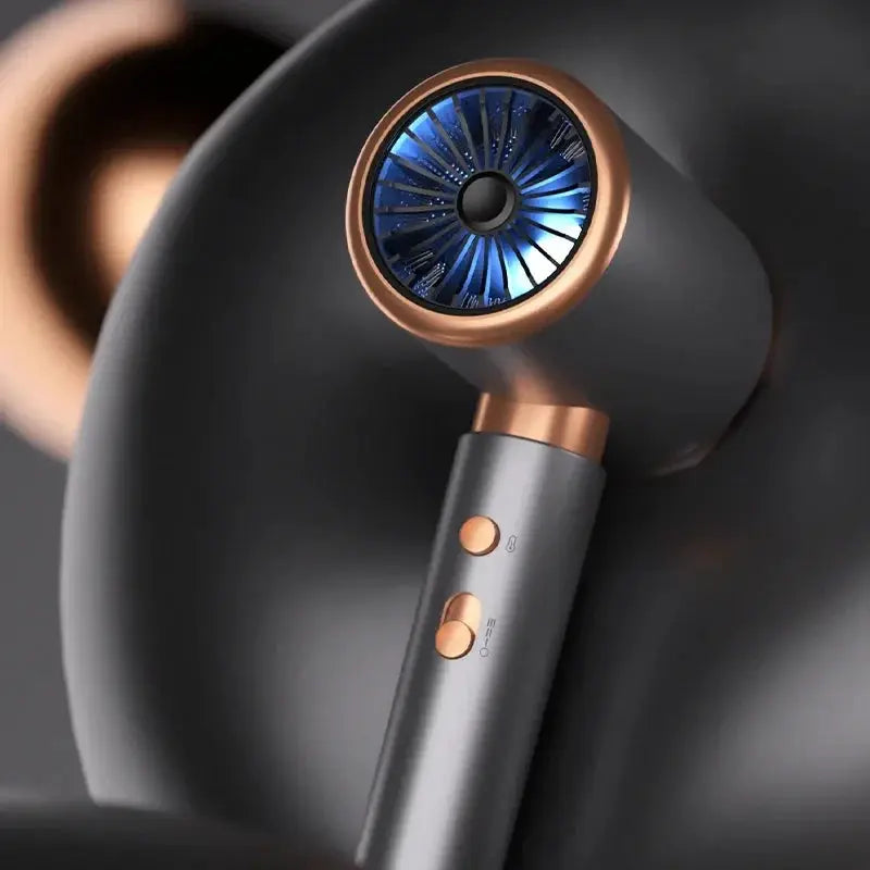 HOMEFISH 2000W salon hair dryer with copper accents, blue air vent, negative ionic technology.