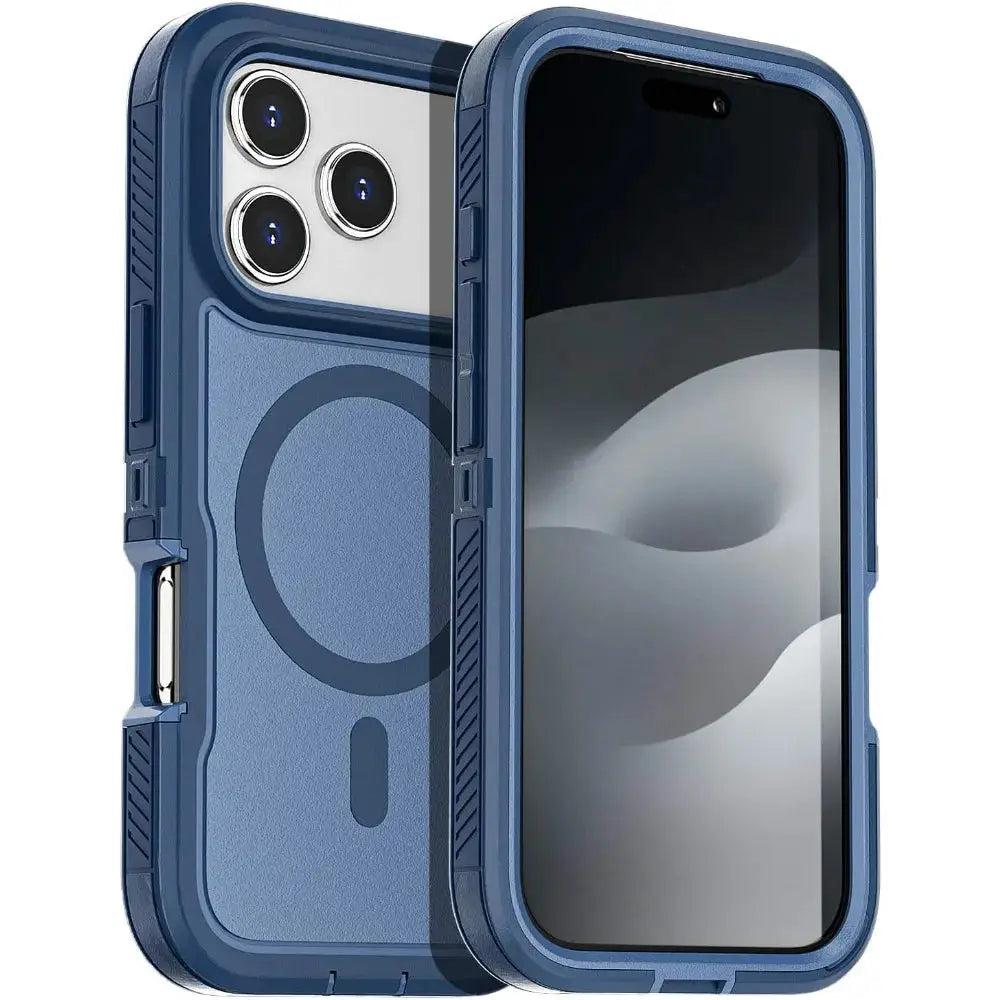 Matte Clear Magnetic iPhone case for Pro Max models, blue anti-slip grip, wireless charging compatible.
