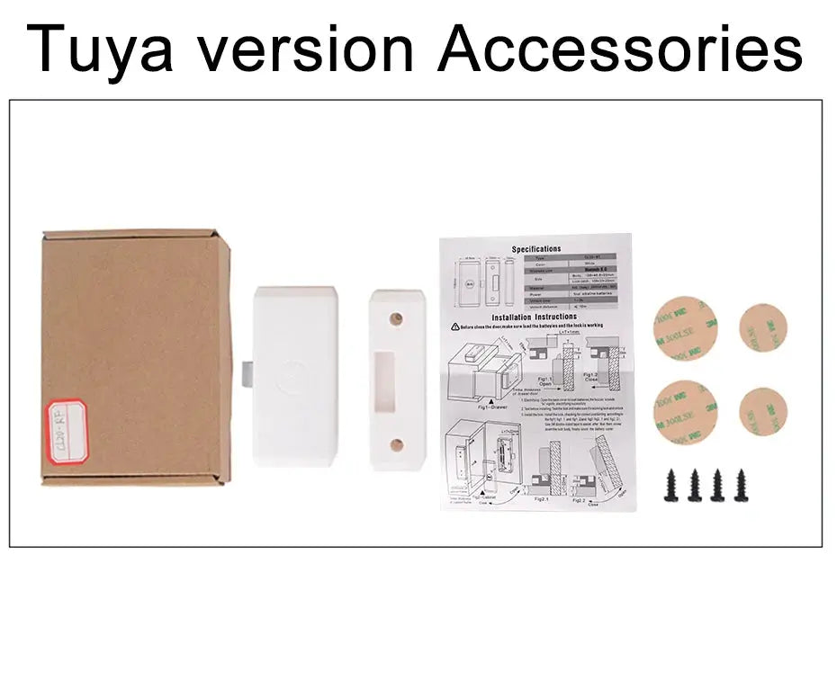 Tuya smart drawer lock kit by Simples Market; white plastic lock with NFC card unlock, screws, and install guide