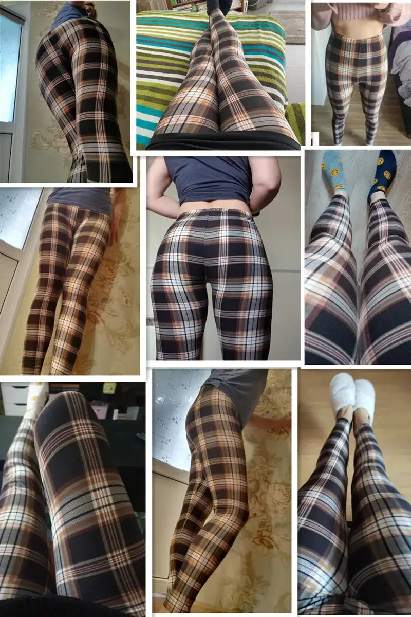 Women's plaid leggings in white gray brown tones with high elasticity; slim-fit tight pants, collage of angled shots