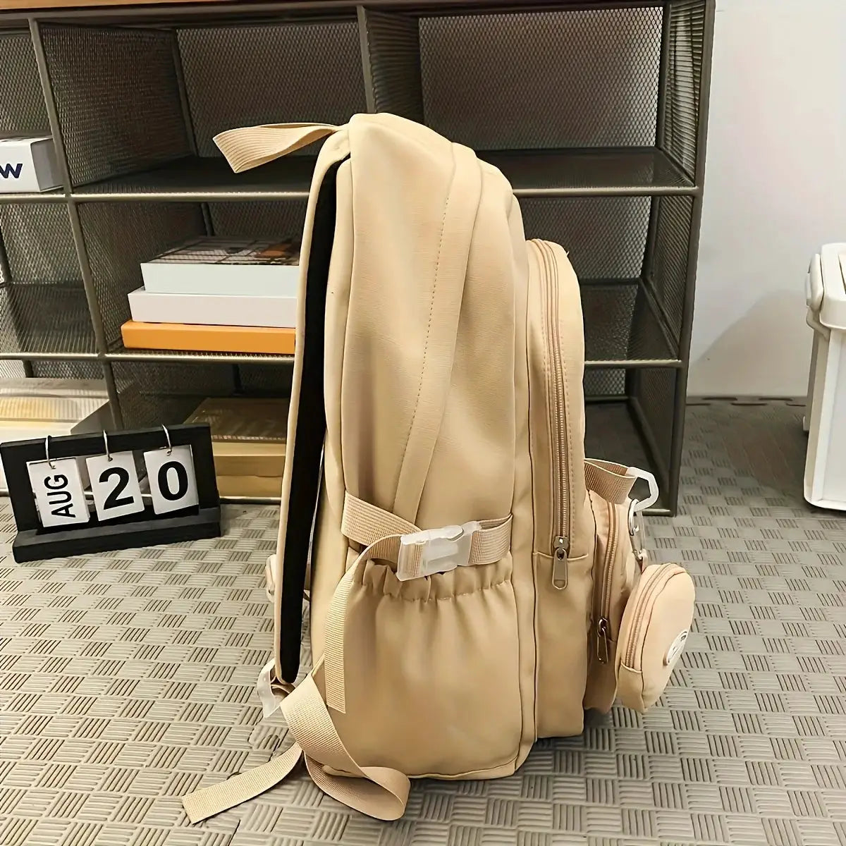 Backpack beige Simple Large Capacity Sports Travel Backpack with multiple compartments and side pocket