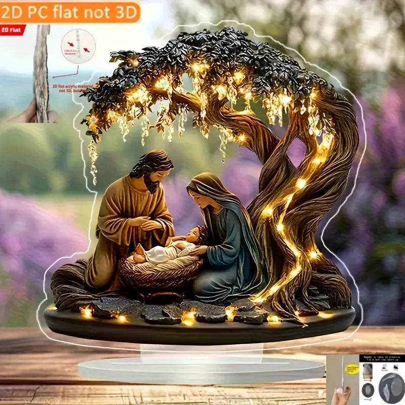 3-piece Jesus nativity LED desk statue with Mary, Joseph and baby Jesus under a glowing tree