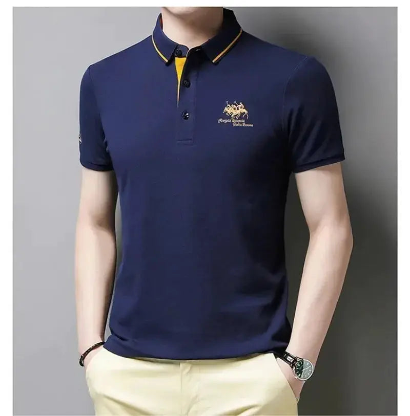 Men's polo shirt in navy with yellow collar trim and chest embroidery by Simples Market.