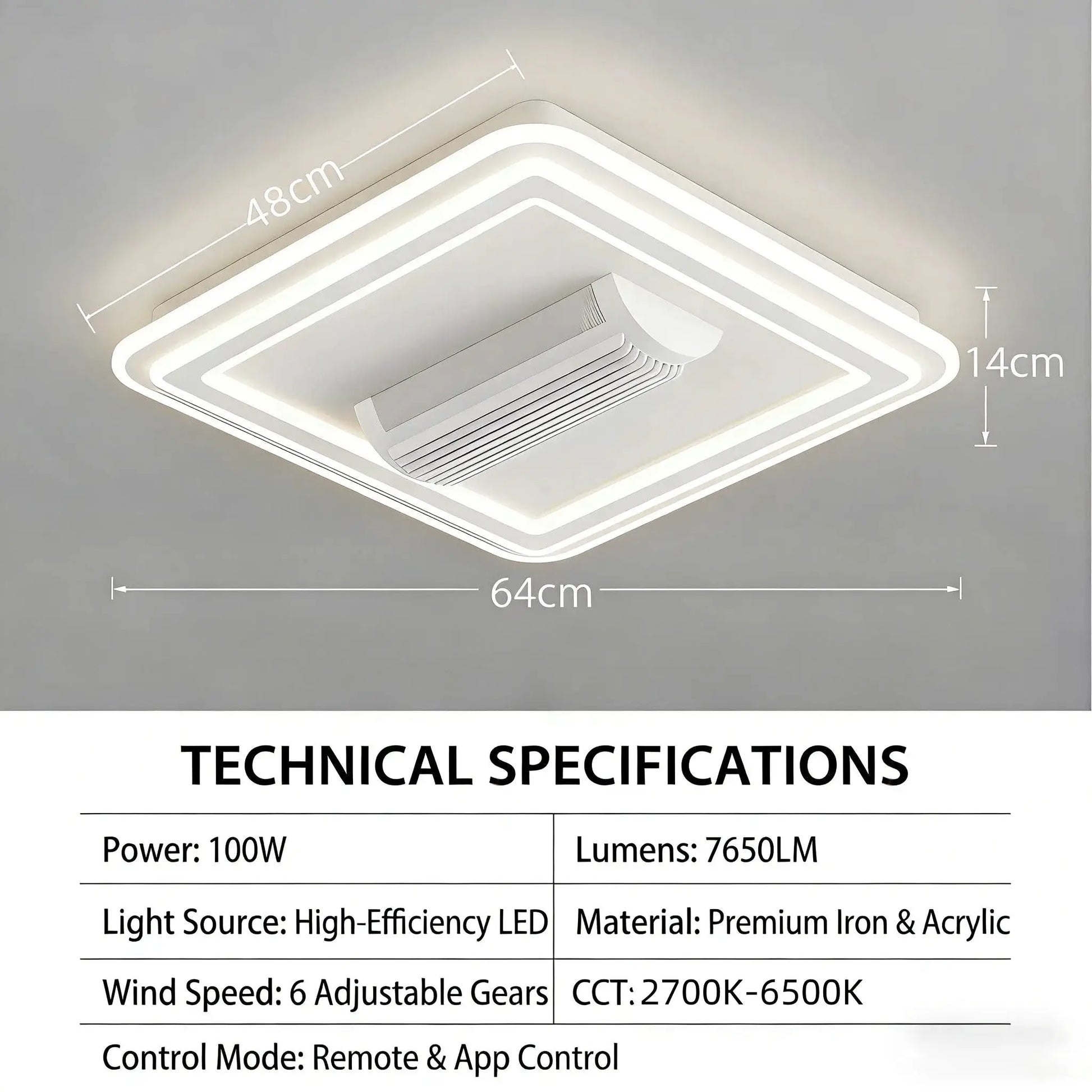 LED bladeless ceiling fan chandelier with square concentric LED rings, 64cm wide for living room or bedroom.