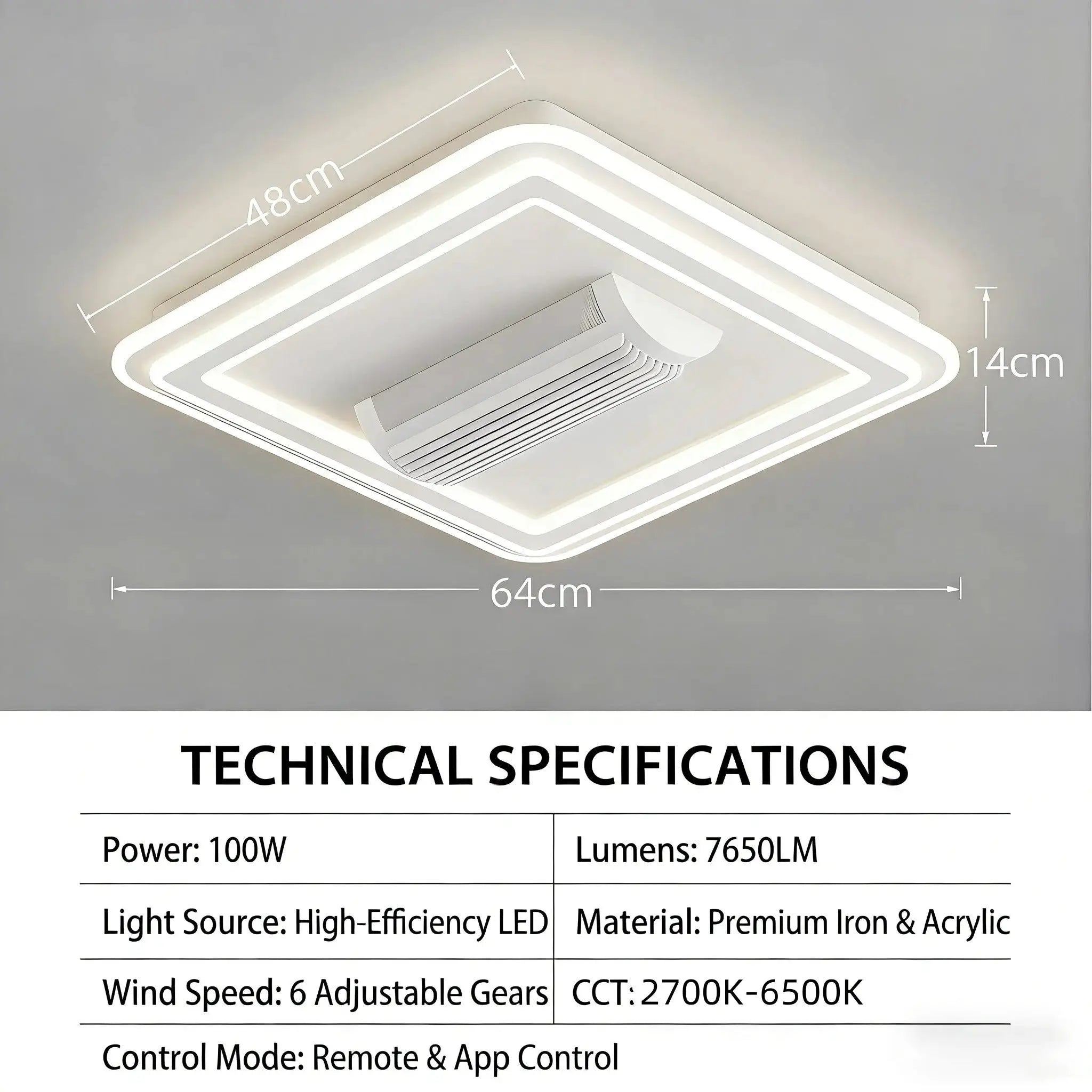 LED bladeless ceiling fan chandelier with square concentric LED rings, 64cm wide for living room or bedroom.