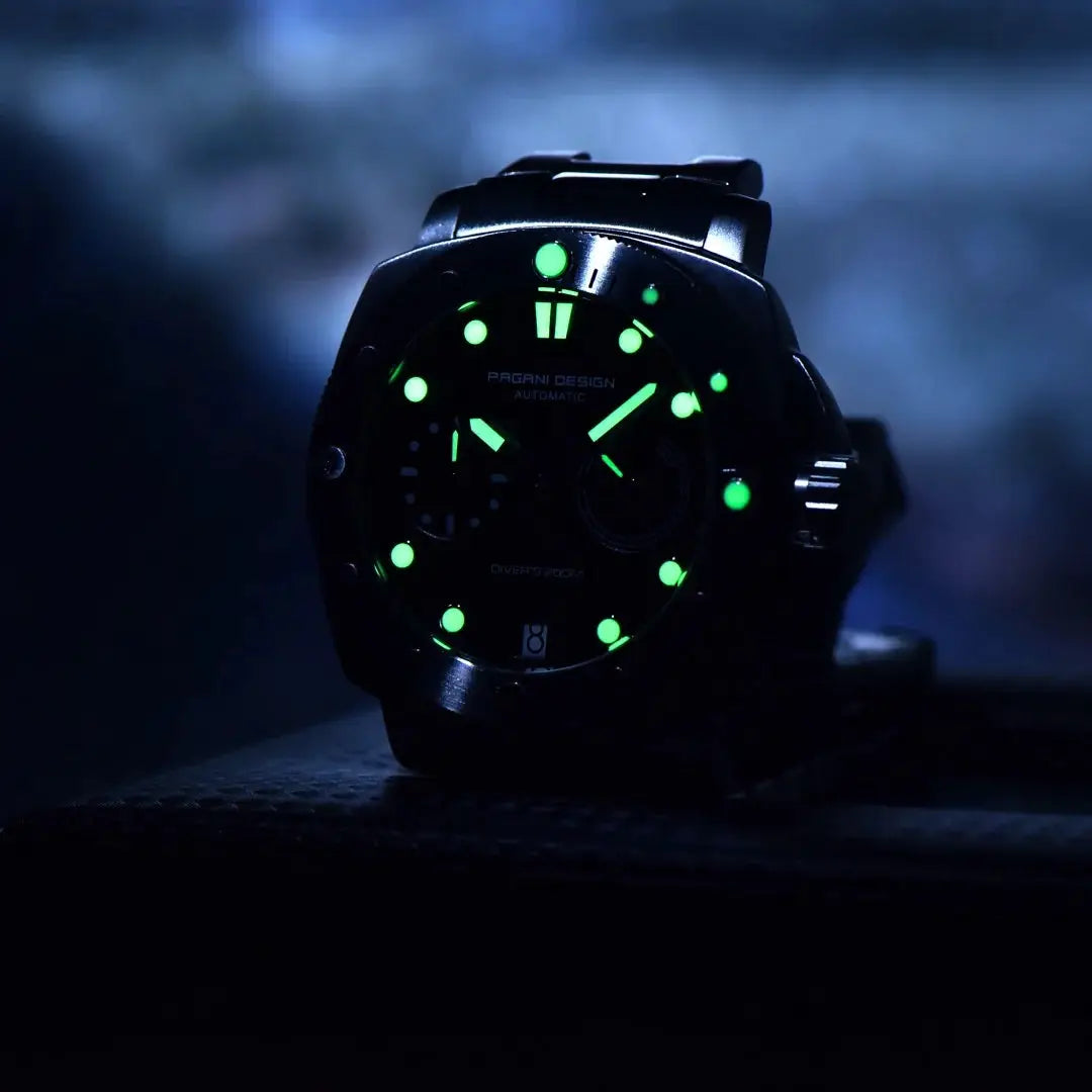 PAGANI Design men's automatic watch with black dial, green luminous markers, stainless steel case