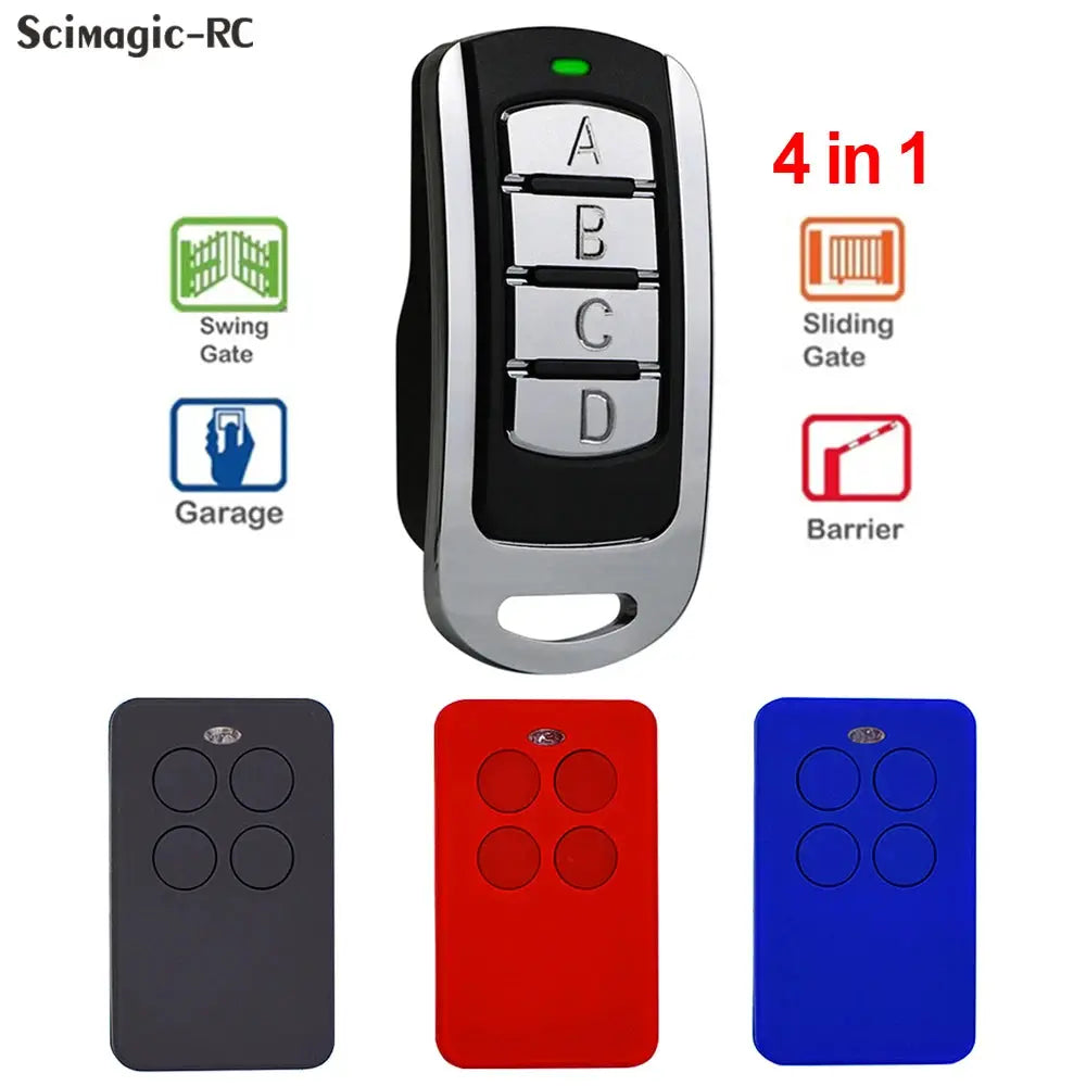 Garage door remote control, 4-button universal duplicator; Scimagic-RC, black-silver, gray, red, blue (4 remotes shown)