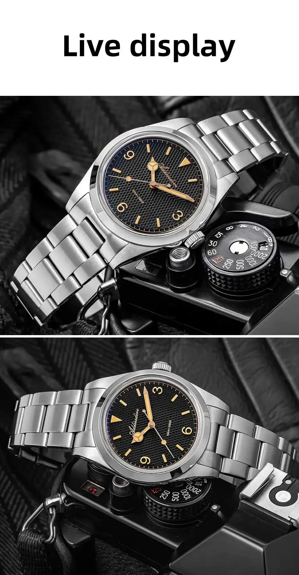 ADDIESDIVE men's analog watch with stainless steel bracelet and black textured dial, gold-tone markers.