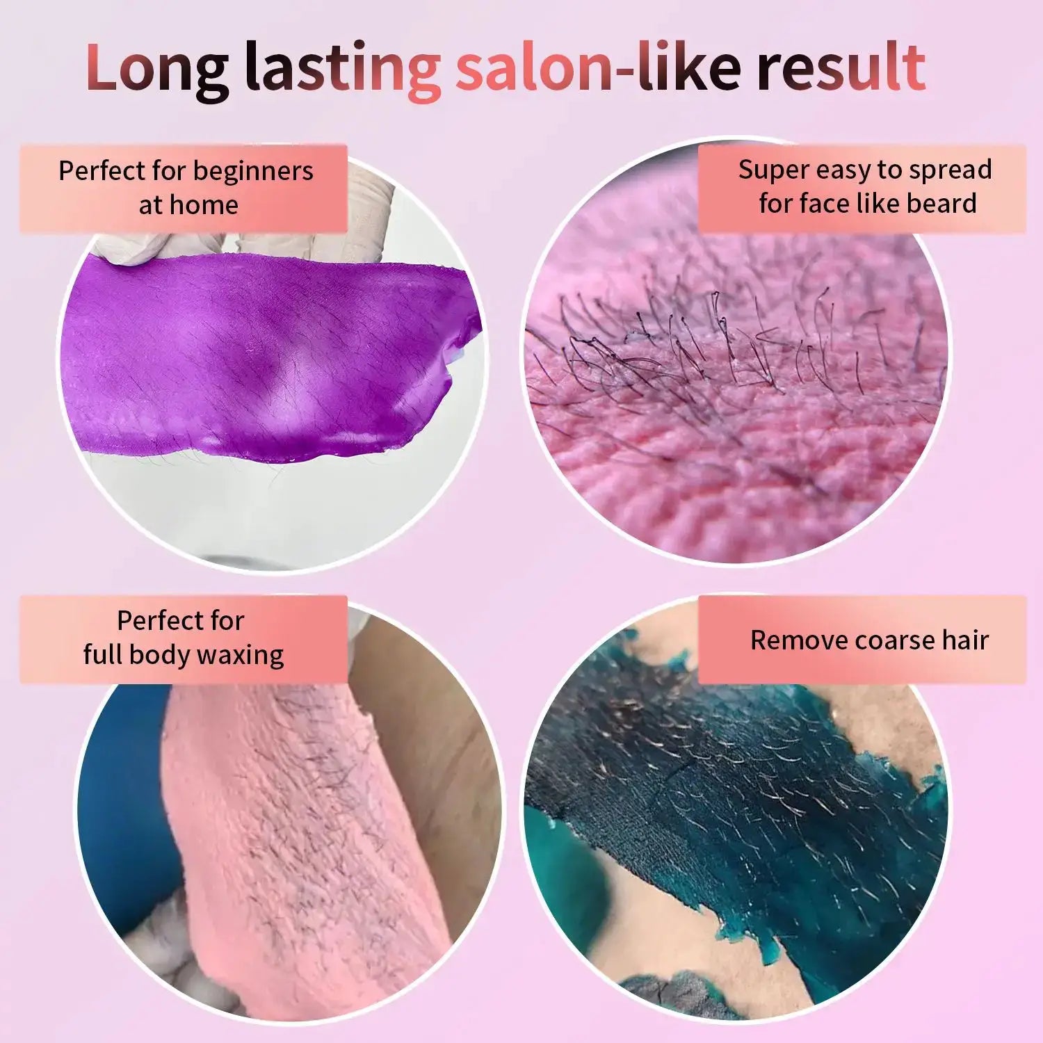 Simples Market waxing machine with 200ml wax heater for hair removal, shown with pink, purple and teal wax samples.