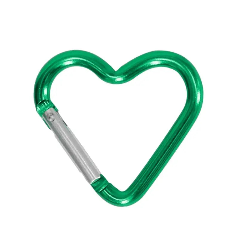 Heart-shaped aluminum alloy carabiner clip in green with silver spring