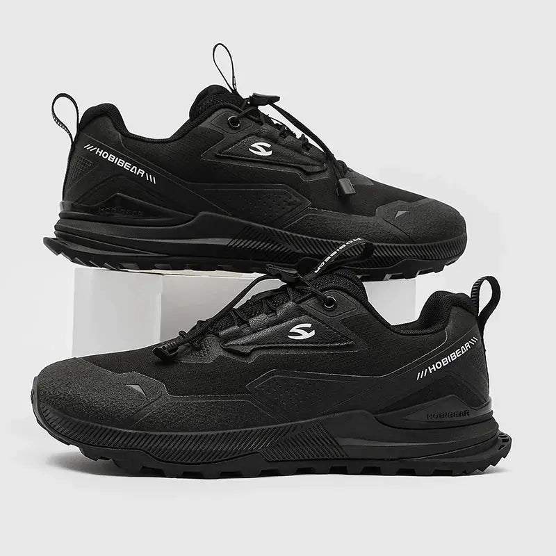 Pair of black HOBIBEAR unisex running shoes with elastic band, lightweight breathable hiking sneakers
