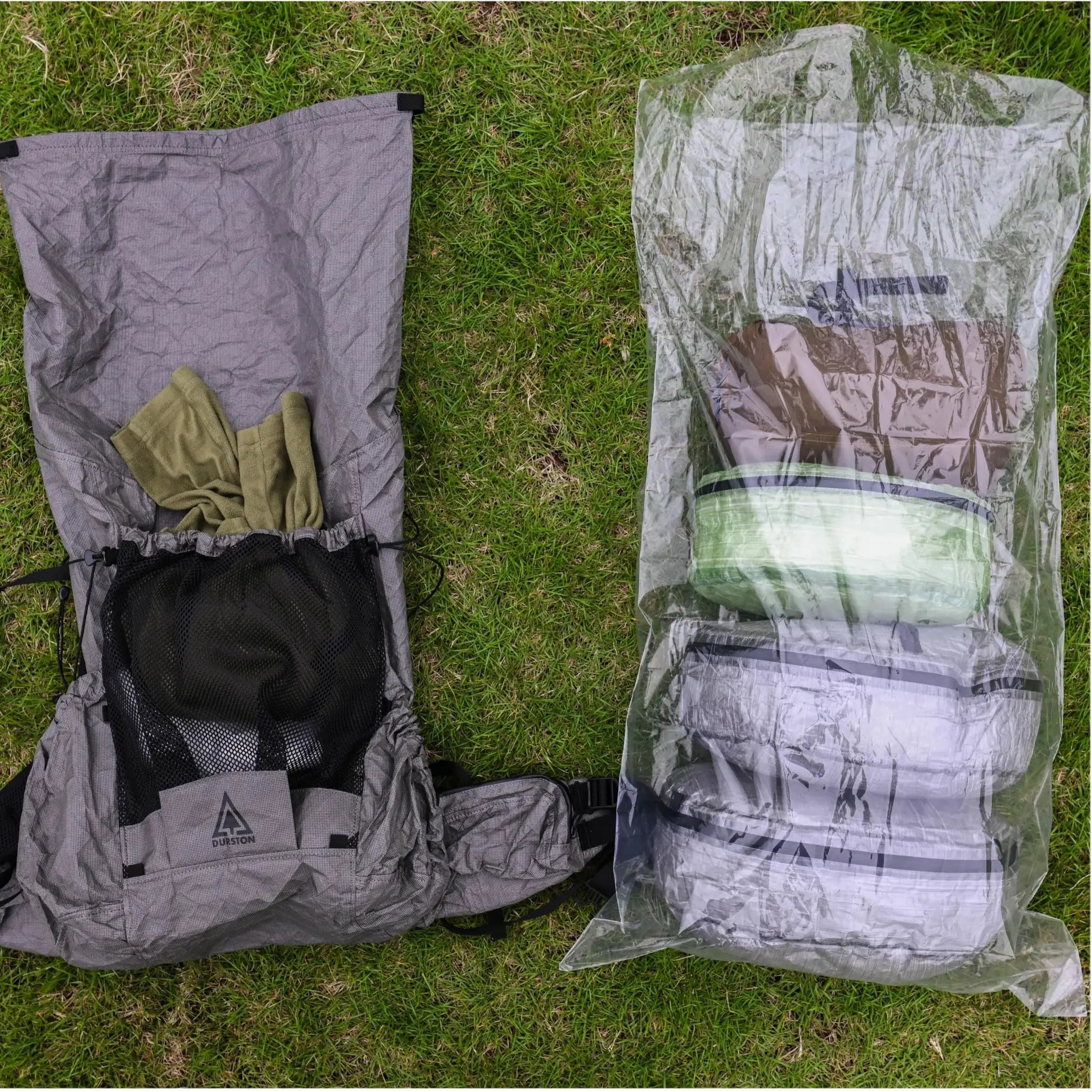 Backpack liner bag set: 2 bags, gray ultralight fabric with mesh pocket and drawcord; clear polycro inner dry bag