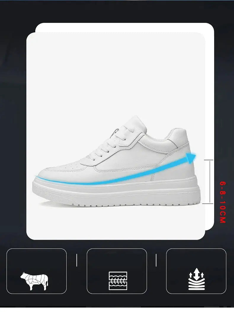 Men's white leather elevator sneakers with thick sole and height boost 6/8/10 cm.
