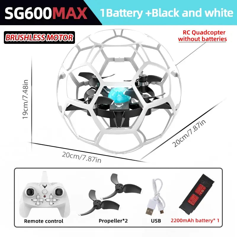 SG600 MAX RC football drone by Simples Market spherical cage, blue LED, remote, 2 propellers, USB, 2200mAh battery