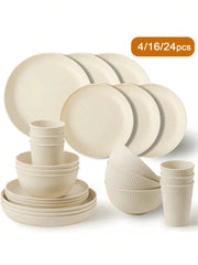 Beige Plastic Dinnerware Set 4 16 24 Pieces Reusable Cup Plate Bowl Kit For Camper Camping Picnic Dormitory