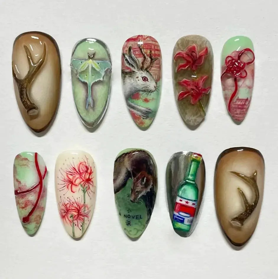 Spicy Girl Flower Print Press On Nails 24Pcs Wine Red Blush Almond Wearable Reusable False Nail Tips For Summer
