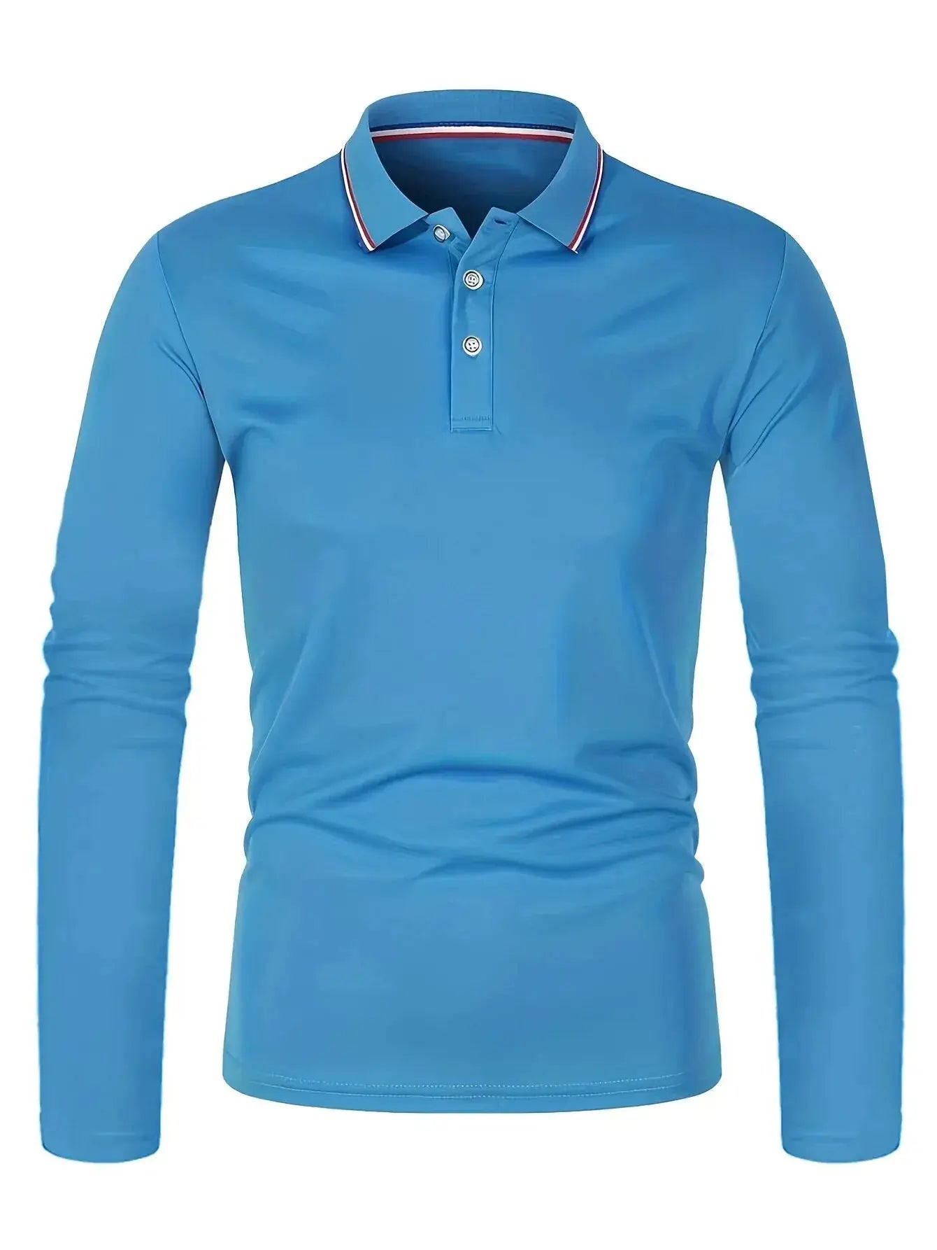Men's blue long-sleeve polo shirt with striped collar trim, breathable casual wear.