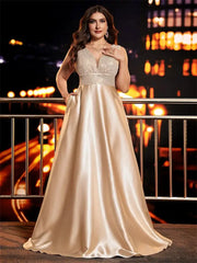 Plus Size Elegant Sequins Evening Dress Deep V Neck Satin Gown