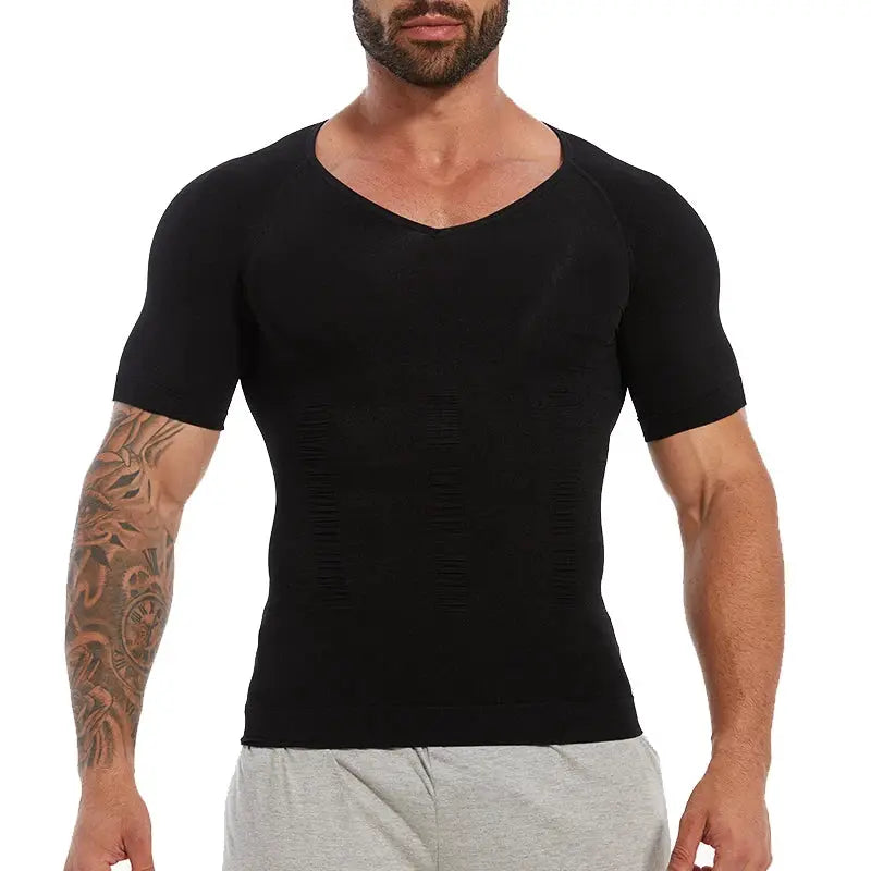 Men's black slimming compression shirt with V-neck and short sleeves