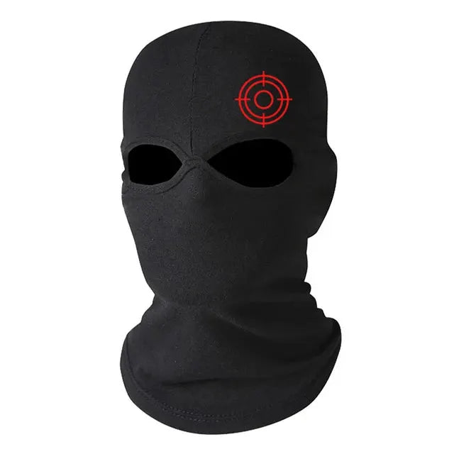 Simples Market black full-face balaclava mask with red target logo