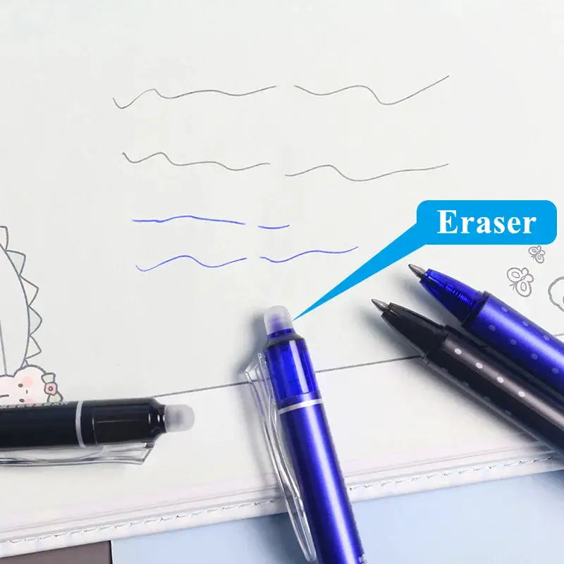 Gel pen set of 3 retractable pens with built-in erasers, blue and black ink, 0.5mm