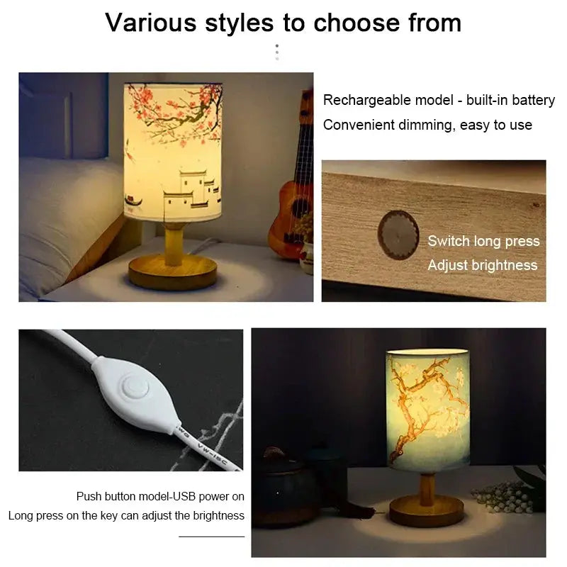 LED table lamp with plum blossom fabric shade in Chinese style on wooden base; dimmable EU plug bedside light by Simples Market