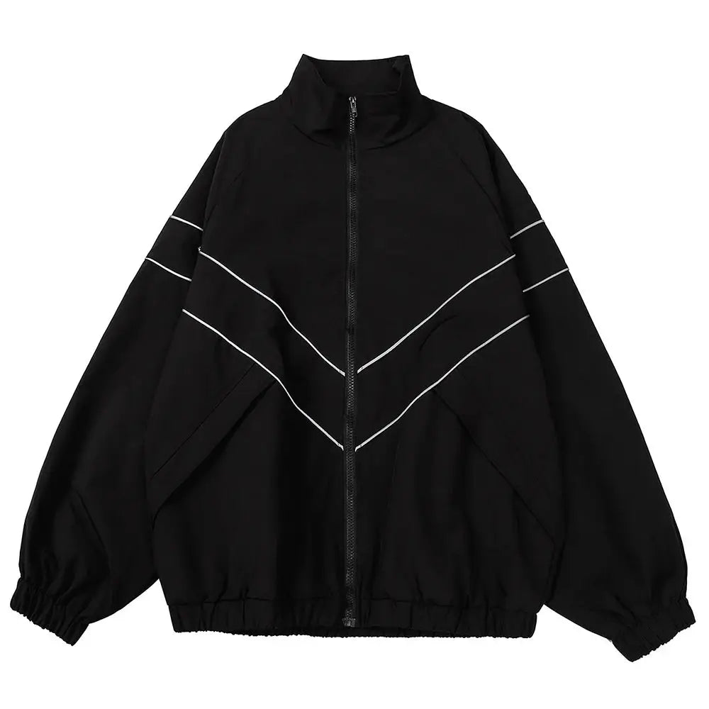 Black lightweight hip hop varsity windbreaker jacket with white chevron piping, full-zip front, elastic hem and cuffs.