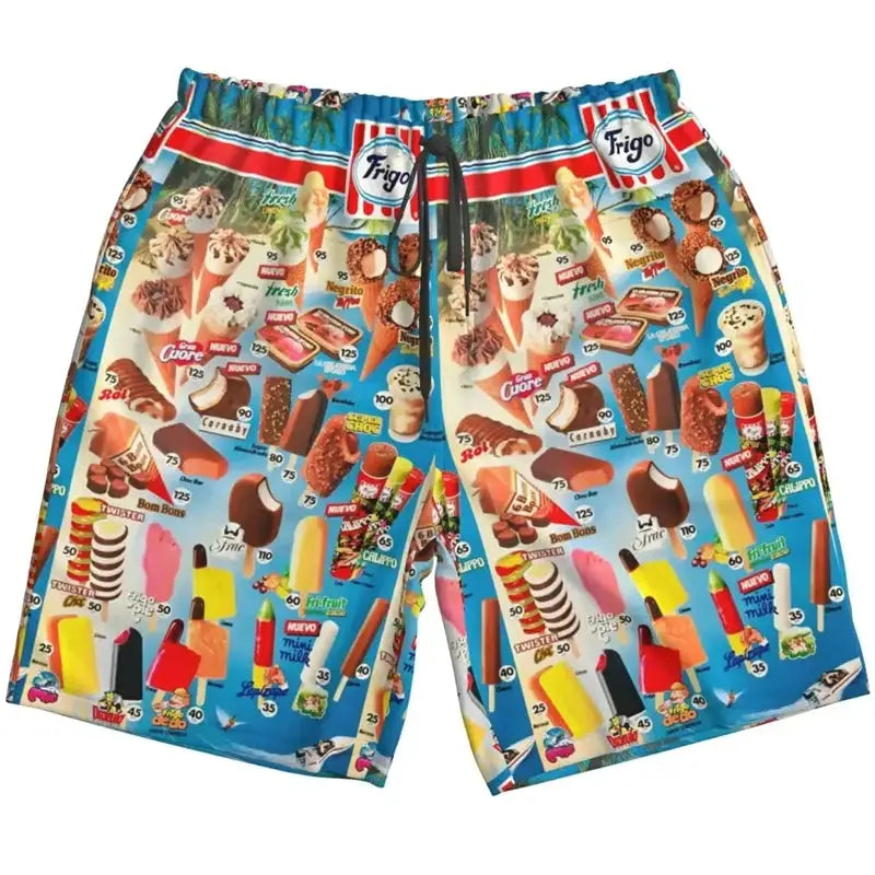 Unisex blue ice cream print shorts with colorful popsicle graphics for beachwear