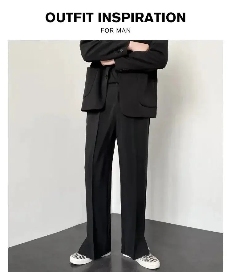 Men's straight baggy casual pants in black, paired with a black blazer