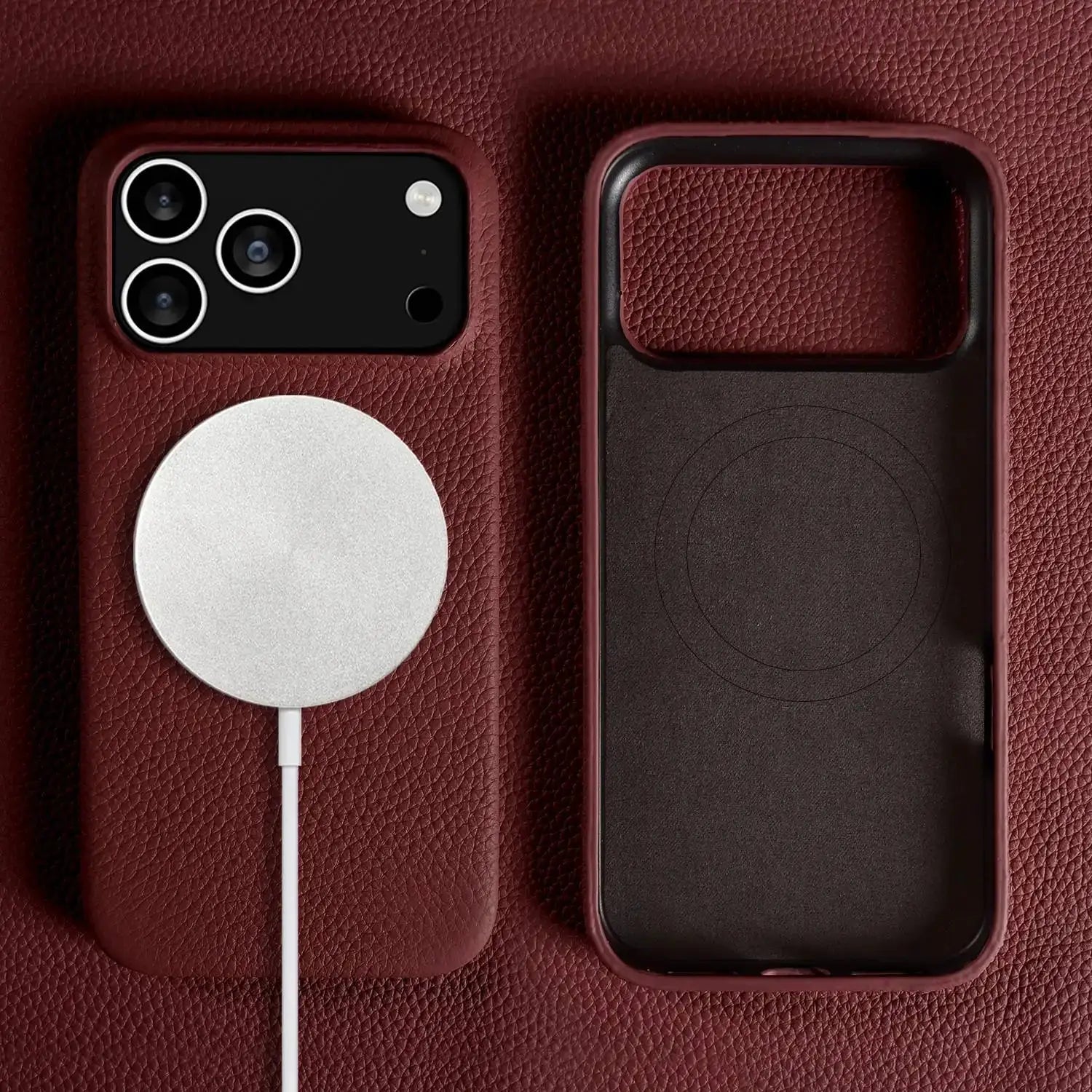 Simples Market luxury MagSafe genuine leather iPhone case, burgundy, full-wrapped back cover, two pieces