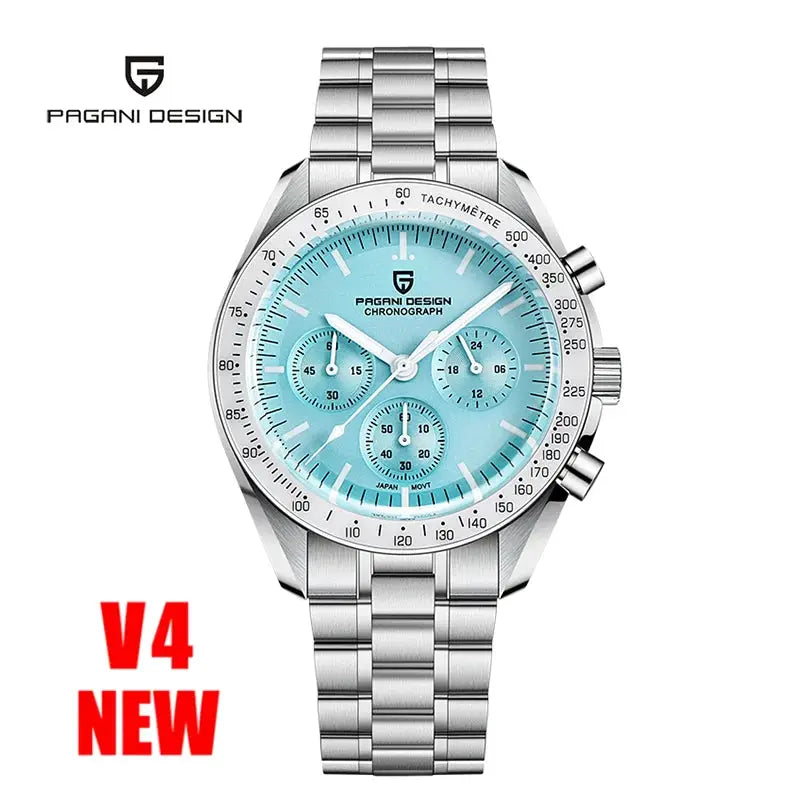 PAGANI DESIGN chronograph wristwatch with turquoise dial, tachymeter bezel and stainless steel bracelet