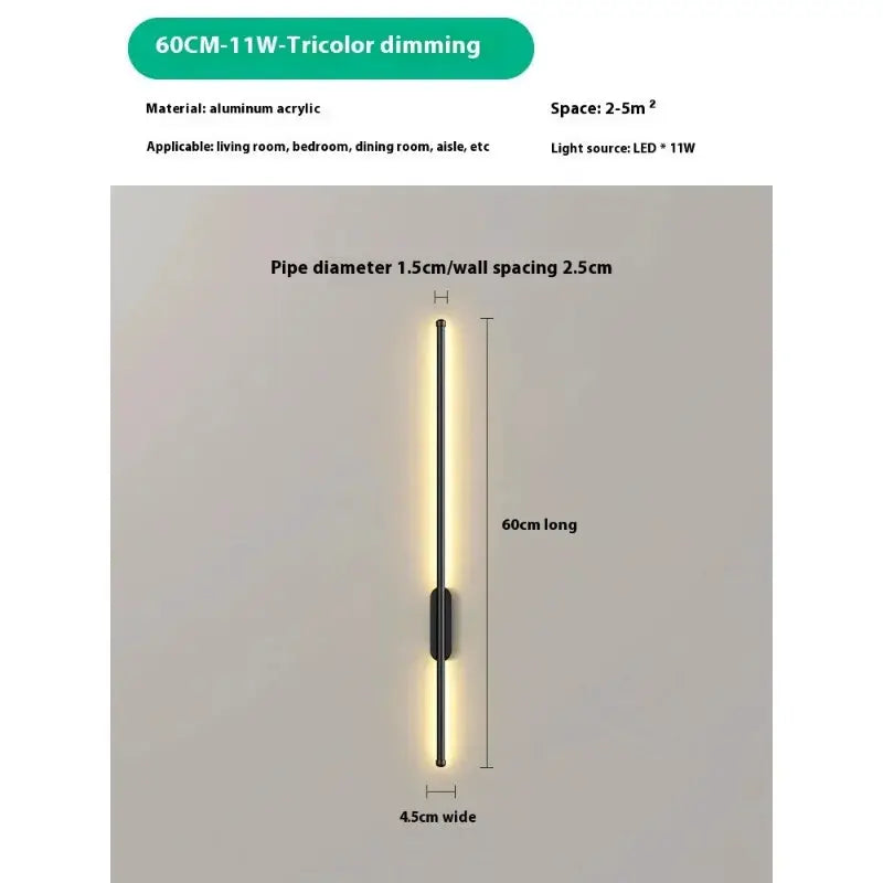 USB rechargeable LED wall lamp; black slim vertical wall light, 60cm long, dimmable tricolor LED