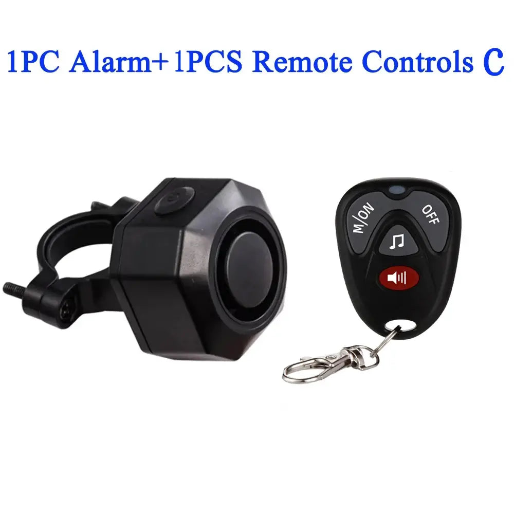 Hollarm wireless bike vibration alarm with USB charging and remote control, black alarm unit with key-ring remote.
