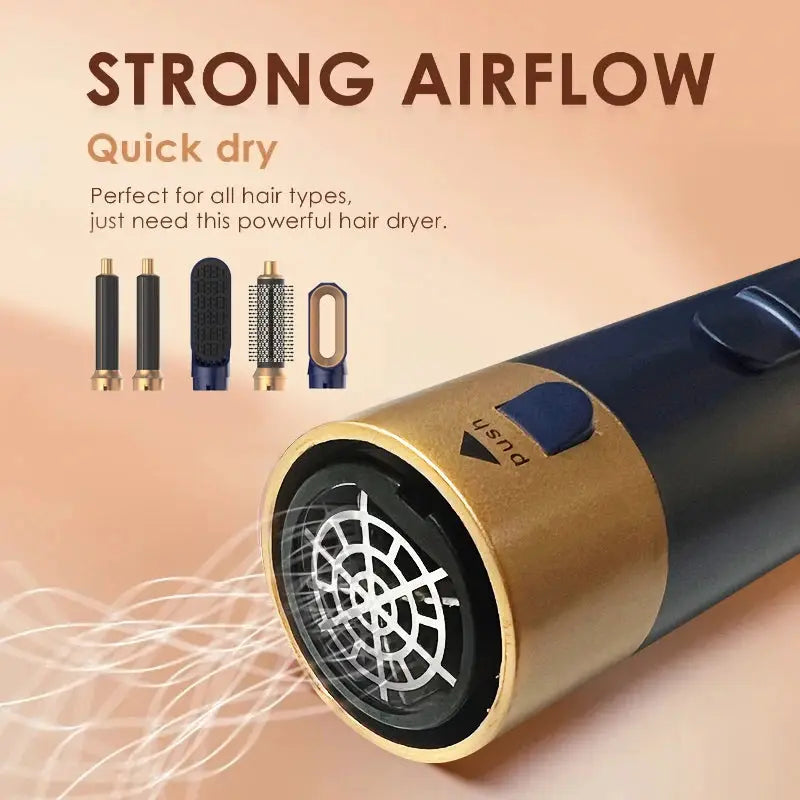 5-in-1 hair styler dryer set by Simples Market, gold and black with five attachments.