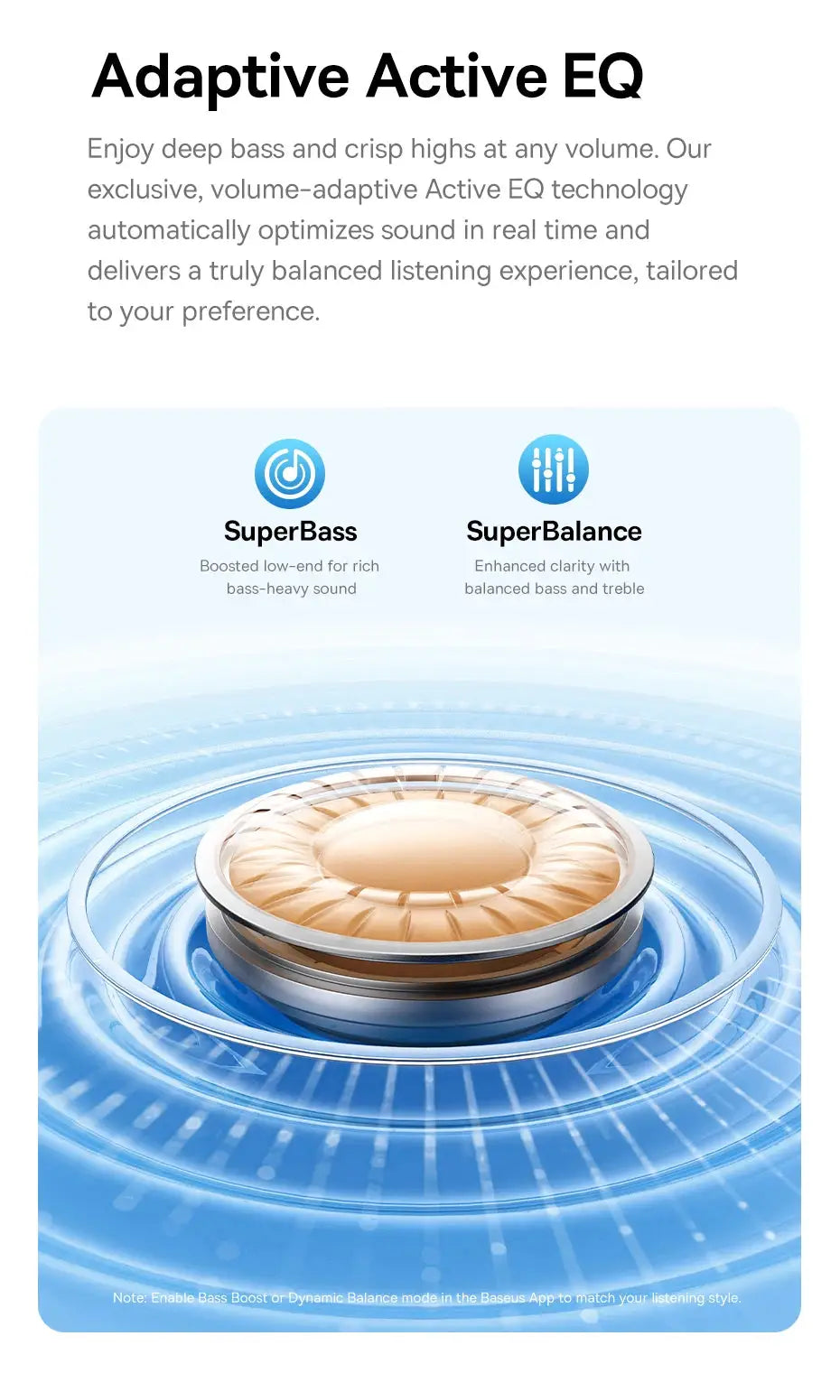 Baseus Bass BP1 Pro wireless earbuds with Adaptive Active EQ graphic, showcasing SuperBass and SuperBalance features