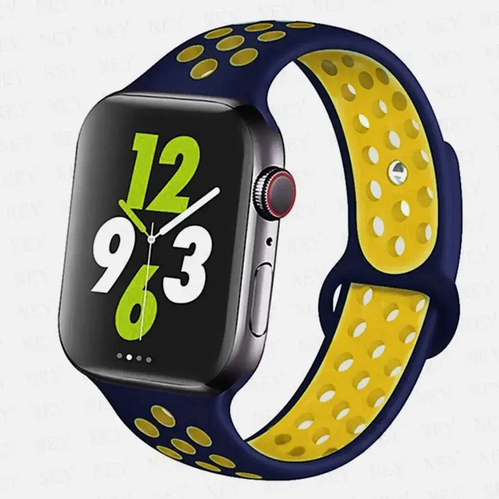 Simples Market silicone sport strap for Apple Watch, blue outer with yellow perforated inner band