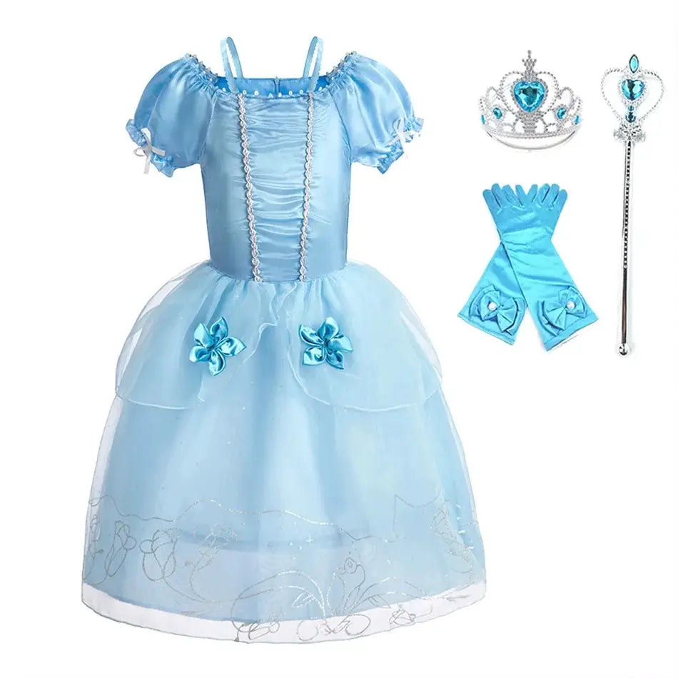 Kids Princess Costume Party Dress With Floral Pattern And Appliques Inspired By Rapunzel And Belle