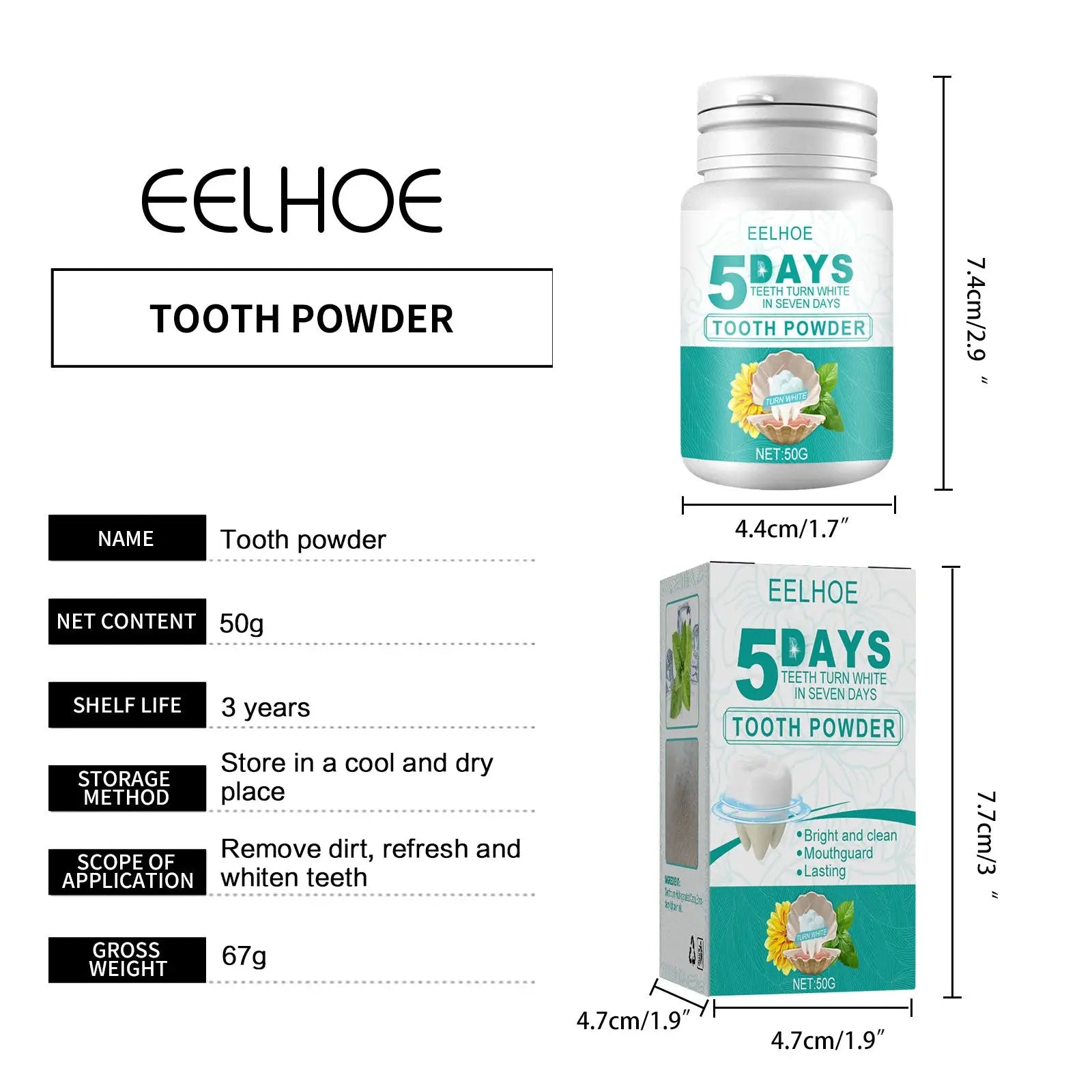 EELHOE Tooth Powder bottle and box with turquoise label, 50g, Simples Market