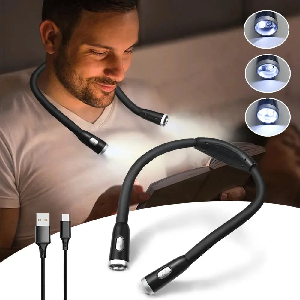 Simples Market LED neck-hanging reading light with USB rechargeable, black, dual-arm design.