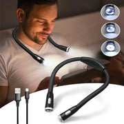 Simples Market LED neck-hanging reading light with USB rechargeable, black, dual-arm design.