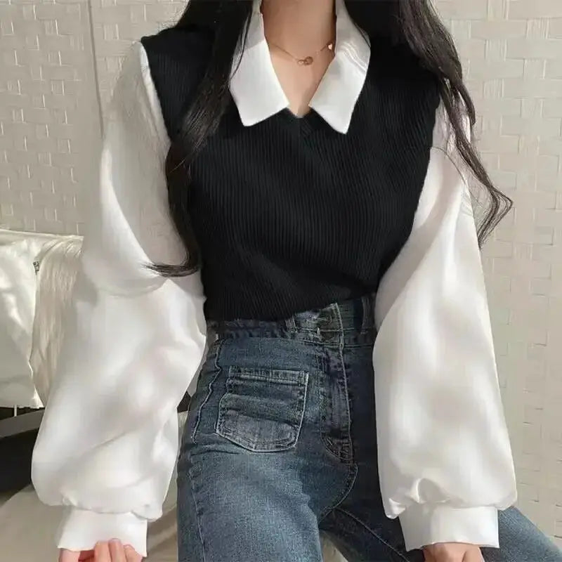 Summer Blouse For Women Korean Style False Two Piece Polo Collar Blouses Y2K Tops Streetwear Loose Fit Elegant Shirt