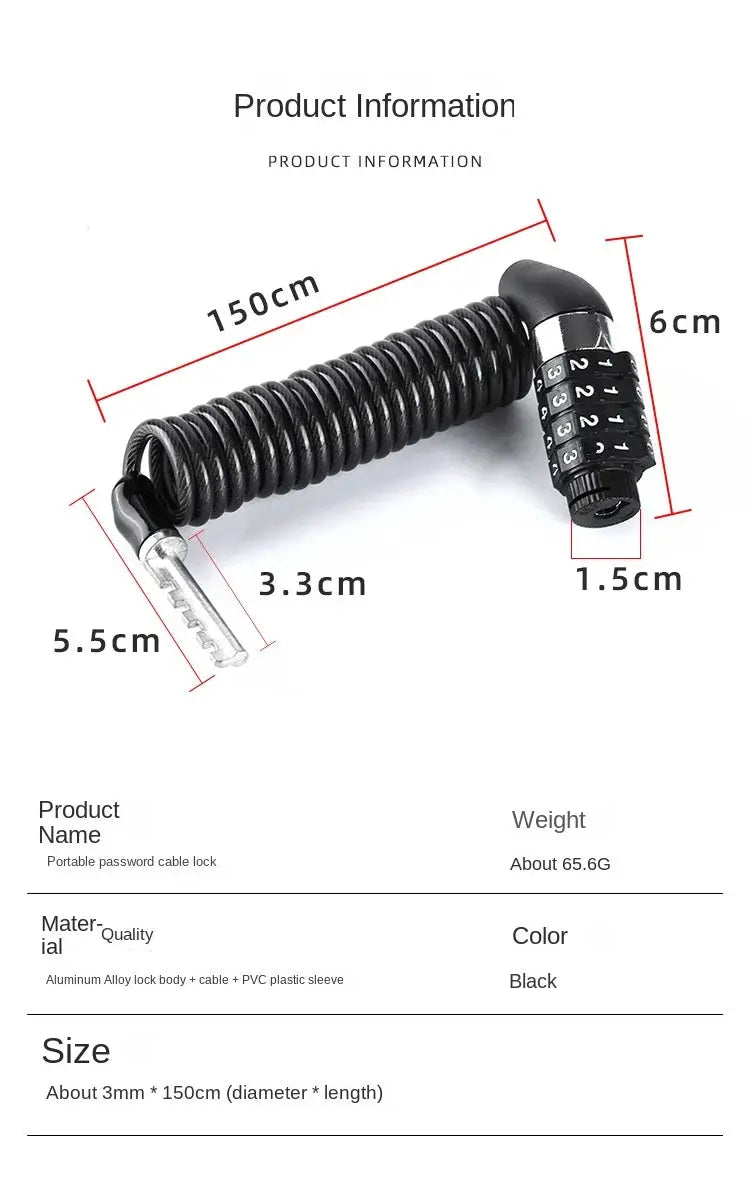 Simples Market bicycle lock with steel coil cable and 4-digit combo, black, 150 cm