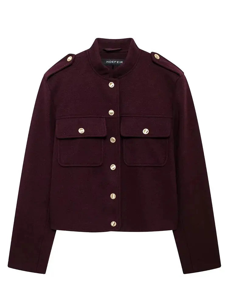 HH 2024 Fashion Women Soft Tweed Bomber Jacket O Neck Long Sleeve Pockets Button Closure Loose Woolen Coat Streetwear