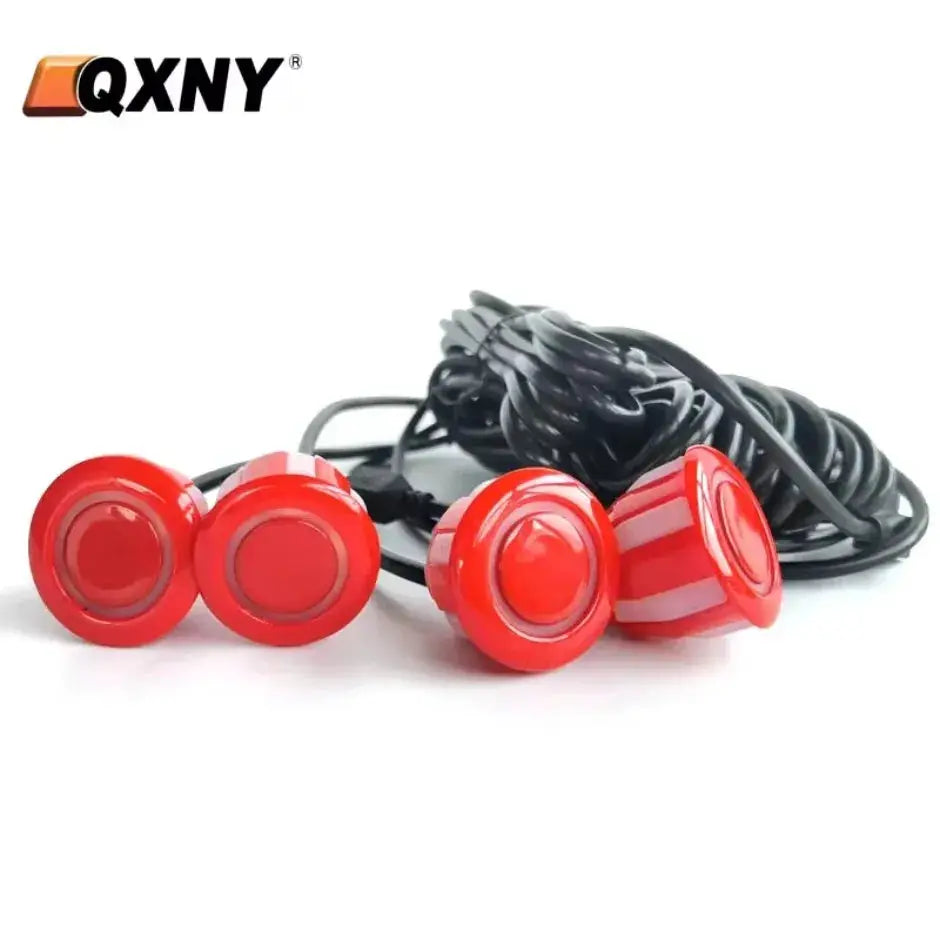 4pcs red 22mm ultrasonic parking sensors with wiring; QXNY logo visible