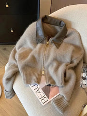 Patchwork Cropped Cardigan With Zipper For Women Thick Autumn Knitwear Cropped Fit Autumn Style