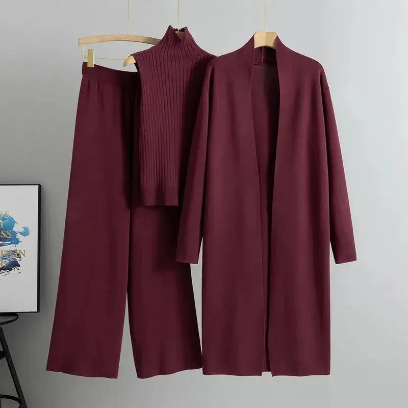Spring Autumn 3 Piece Women Cardigan Tracksuit Set Knitted Pant Outfit With Turtleneck Vintage Fashion