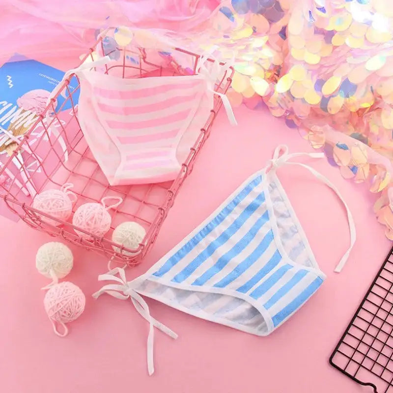 Striped cotton panties in pink and blue with side-tie accents (set of 2) for women.