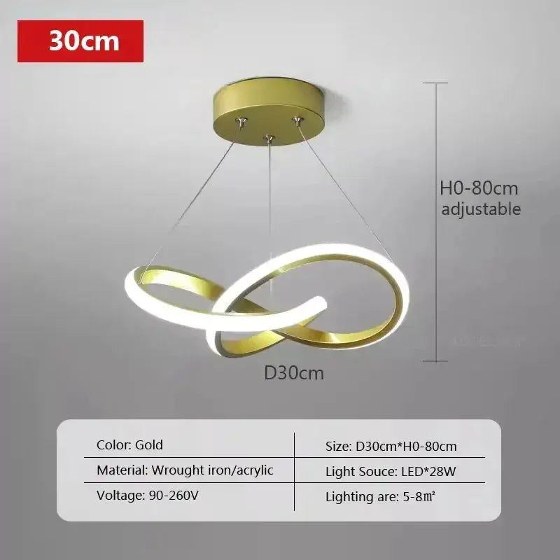 Nordic LED ceiling pendant lamp in gold by Simples Market with interlocking rings, 30cm diameter, height adjustable 0–80cm.